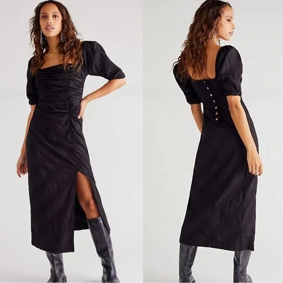 Free People Dress Womens XS Looking Stunning Black Puff Sleeve Slit Ruched Midi - Picture 1 of 10